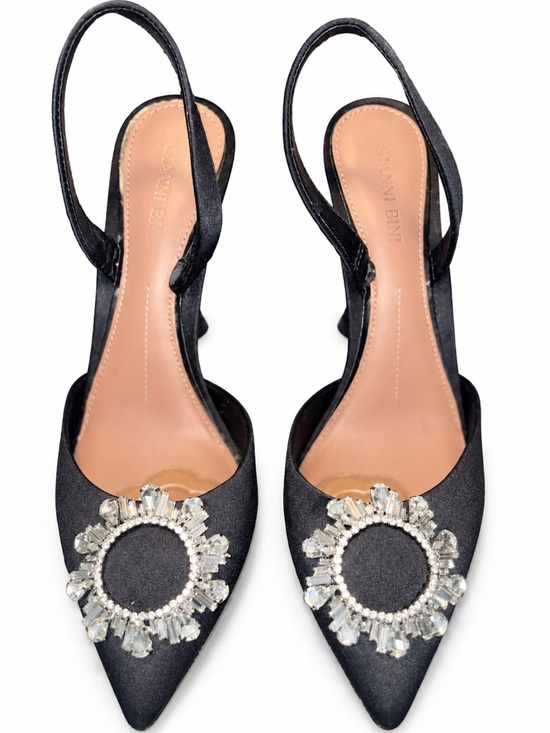 Gianni Bini Shoes - Gianni Bini Black Satin Pointed Slingback Heels with Crystal Circle